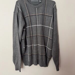 Vintage 90s Oscar De La Renta Plaid Knit Cotton Crew Neck Sweater Size XL Grey